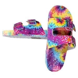 NIB Tie Dye Rainbow Double Strap Rubber Comfort Slide Sand…
